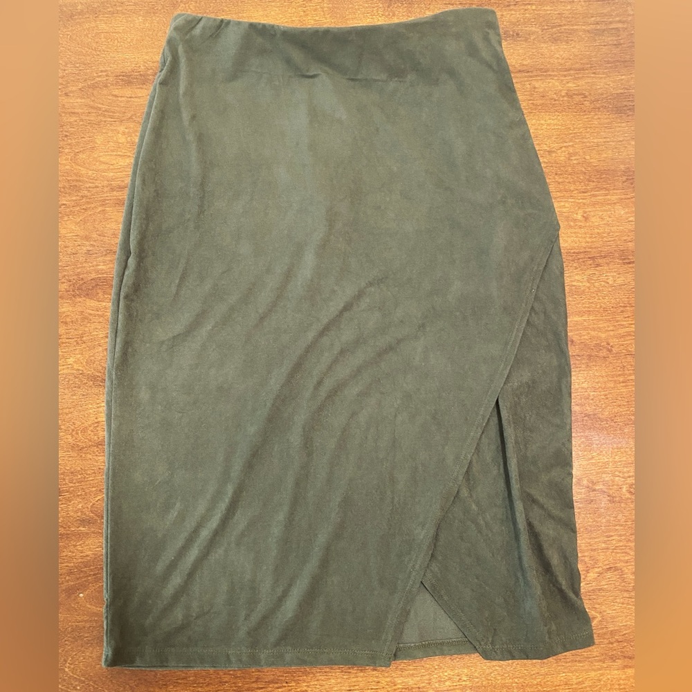 Heart & Hips, Suede, Army Green, Midi Skirt, Front Slit, Zip Back, Size L
